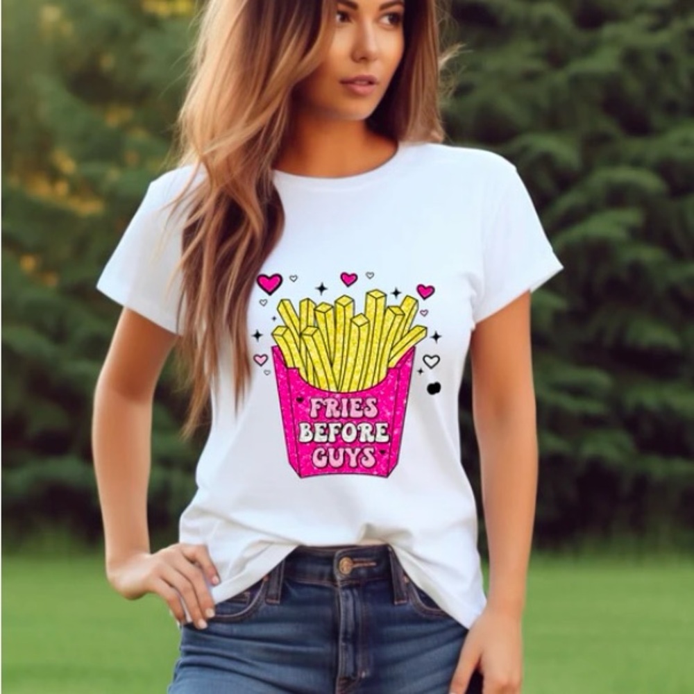 White T-Shirt with Fries Graphic
